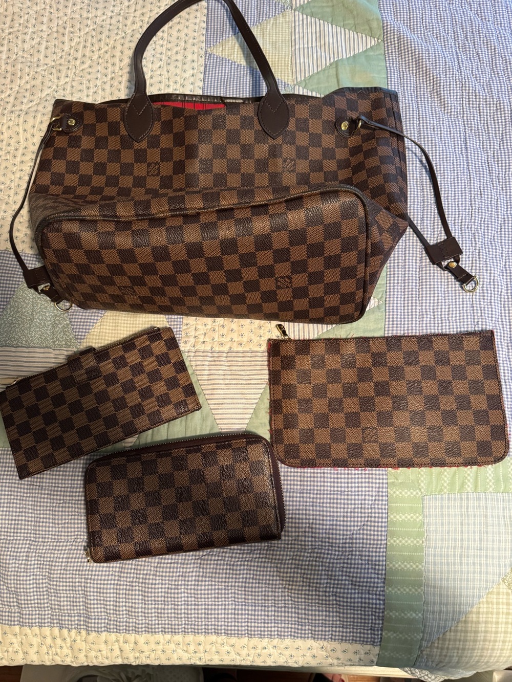 Checkerboard Brown Tote Bag with Matching Wallets